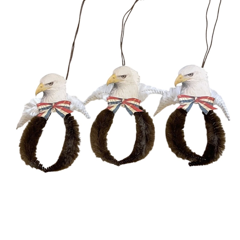 3 Vintage MCM Pipe Cleaner Christmas Ornaments Eagle USA America‎